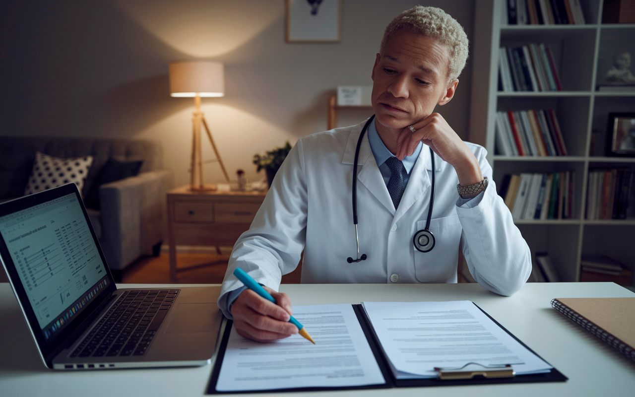 A thoughtful physician, gender-neutral, sitting at a well-lit desk with a contract spread out in front of them. The setting is a cozy home office, with a bookshelf filled with medical journals and soft lighting. The physician has a contemplative expression, holding a highlighter, as they carefully review the contract's key terms. A laptop with salary reports is opened nearby, illustrating the research they are conducting. The atmosphere captures the weight of decision-making and preparation for effective negotiation.