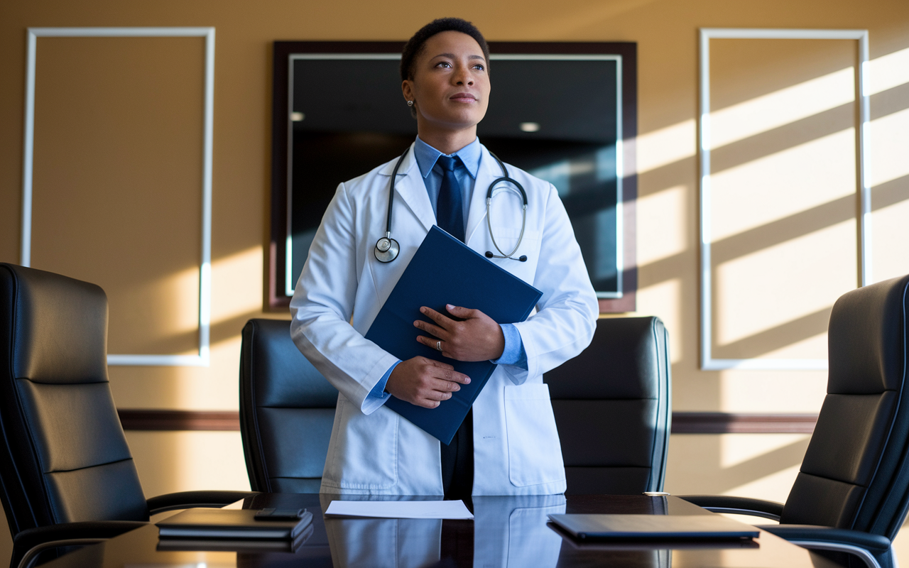 A determined physician stands up with a confident posture in a boardroom, making it clear they are prepared to walk away from an unsatisfactory offer. The room's decor suggests professionalism, with natural light highlighting the seriousness of the moment. The physician holds their contract tightly and looks composed, symbolizing self-worth and the importance of knowing one's limits in negotiation.