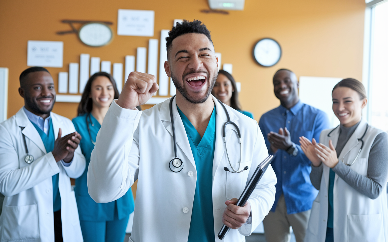 A joyful physician celebrating after successfully negotiating their contract, standing in a bright office space, fist raised in triumph. In the background, colleagues smile and applaud the achievement, symbolizing support and recognition of hard work. The warm, inviting atmosphere features medical diplomas and growth charts reflecting the physician's career aspirations. The scene radiates accomplishment and empowerment in the journey of securing a favorable contract.