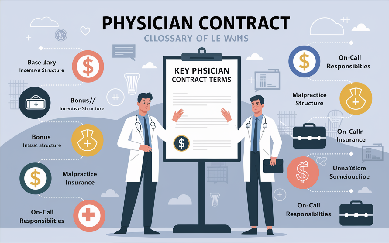 An educational illustration displaying a glossary of key physician contract terms such as 'Base Salary', 'Bonus/Incentive Structure', 'Malpractice Insurance', and 'On-call Responsibilities'. Each term is visually represented with accompanying icons such as dollar signs, briefcases, and medical symbols. The background features a sleek, professional look with light colors and an organized layout for easy comprehension. The overall design conveys clarity and knowledge essential for contract negotiations.