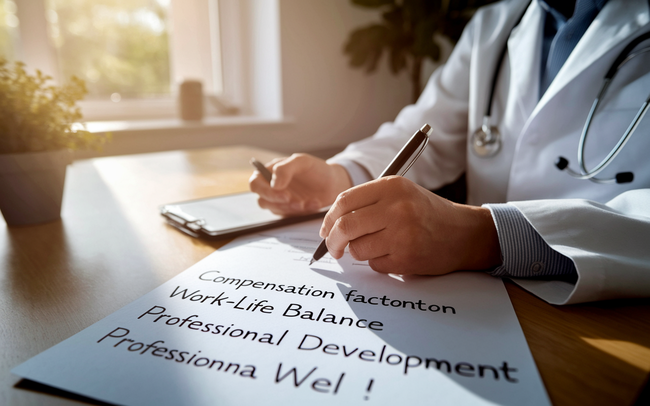 A physician sitting at a dining table, drafting a list of personal priorities for their upcoming job negotiation. The list highlights factors like 'Compensation', 'Work-Life Balance', and 'Professional Development'. A warm afternoon light filters through a window, illuminating the thoughtfully written notes and highlighting the importance of personal values in their career. This serene setting symbolizes a balance between professional ambition and personal well-being.