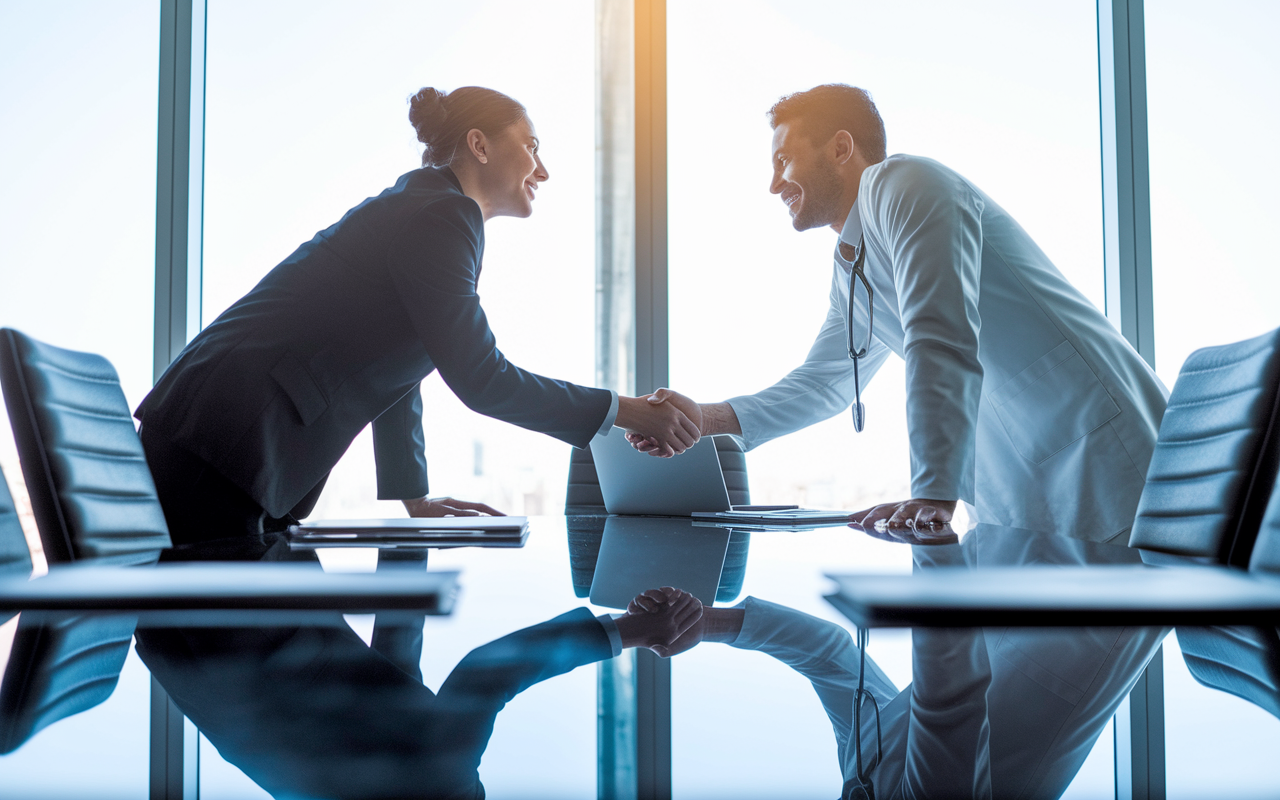 A physician engaged in a positive negotiation with a hiring manager, both leaning forward with open body language around a large, glossy boardroom table. The atmosphere is collaborative, with documents and laptops open, and a whiteboard in the background displaying potential compromises. Soft, natural light coming from large windows enhances the sense of partnership and mutual respect in the conversation, portraying an ideal negotiation setting.