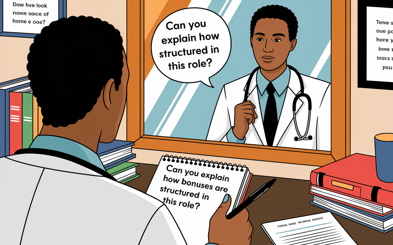 Illustration of a physician preparing for a negotiation, practicing open-ended questions in front of a mirror. They have a notepad filled with strategic questions such as, 'Can you explain how bonuses are structured in this role?' The setting is a tastefully decorated home office, with inspirational quotes and medical textbooks around. The reflection in the mirror captures the determination and confidence of the physician, illustrating the importance of preparation.