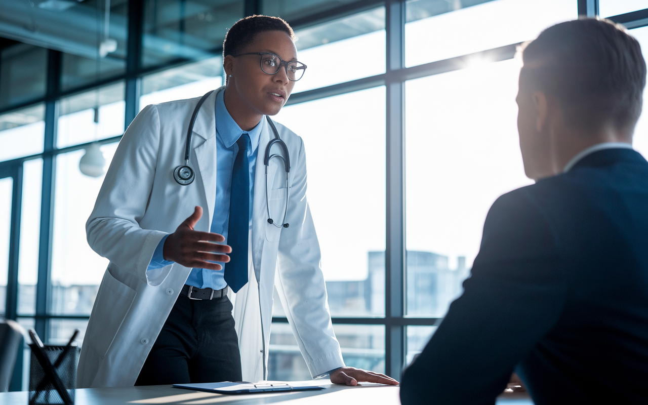 A physician in formal attire confidently communicating their needs during a negotiation. Their body language is assertive and professional, leaning slightly forward to express their thoughts while bringing up flexibility in hours. The negotiation setting is a modern office with professional decor, large windows allowing sunlight to flood the space, representing transparency and clarity. The attentive look of the employer across the table reinforces a respectful discussion.