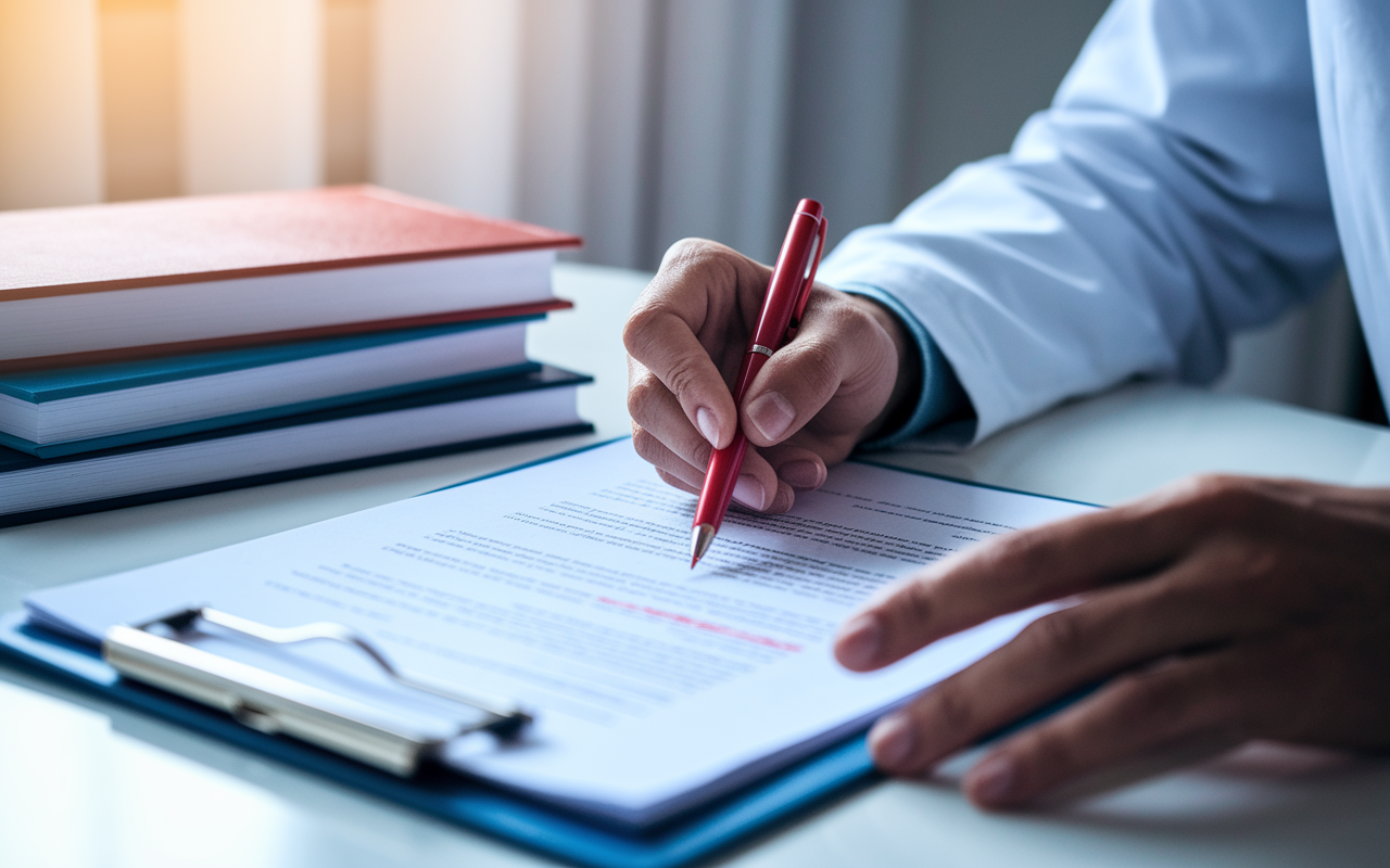 A close-up image of a physician meticulously reviewing their physician contract with a red pen in hand, highlighting critical clauses. The setting is a calm home office with soft lighting, illustrating the importance of thorough review. Stacks of medical books and a legal guide visible in the background emphasize the seriousness of the task. This scene captures the essence of patience and attention to detail before making a binding decision.