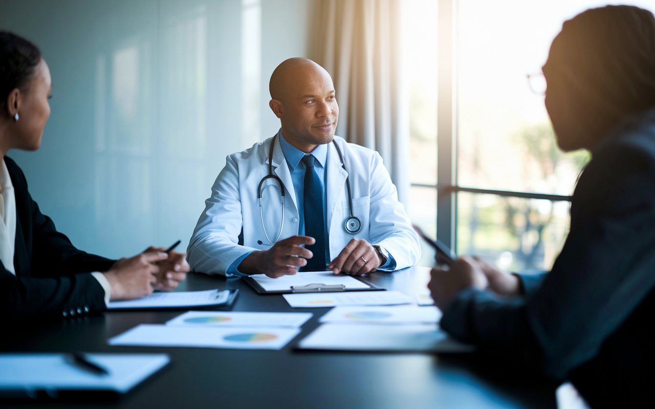 A physician calmly responding to a counteroffer during a negotiation, with a thoughtful expression. The conference room setting is equipped with negotiation-related materials scattered across the table. Soft light from a window casts a positive glow over the meeting, illustrating a professional yet welcoming dialogue about alternative suggestions, maintaining a collaborative spirit.