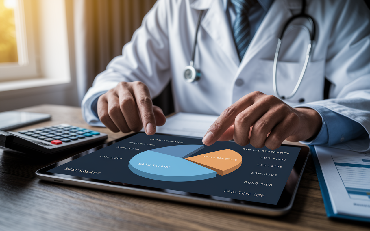 A detailed visual representation of a compensation breakdown, illustrating salary, bonuses, and benefits. Have a pie chart on a digital tablet with sections labeled 'Base Salary', 'Bonus Structure', 'Health Insurance', and 'Paid Time Off'. In the background, a physician is shown thoughtfully analyzing the tablet, with a financial calculator nearby. The lighting is warm and inviting, suggesting comfort in understanding financial agreements.