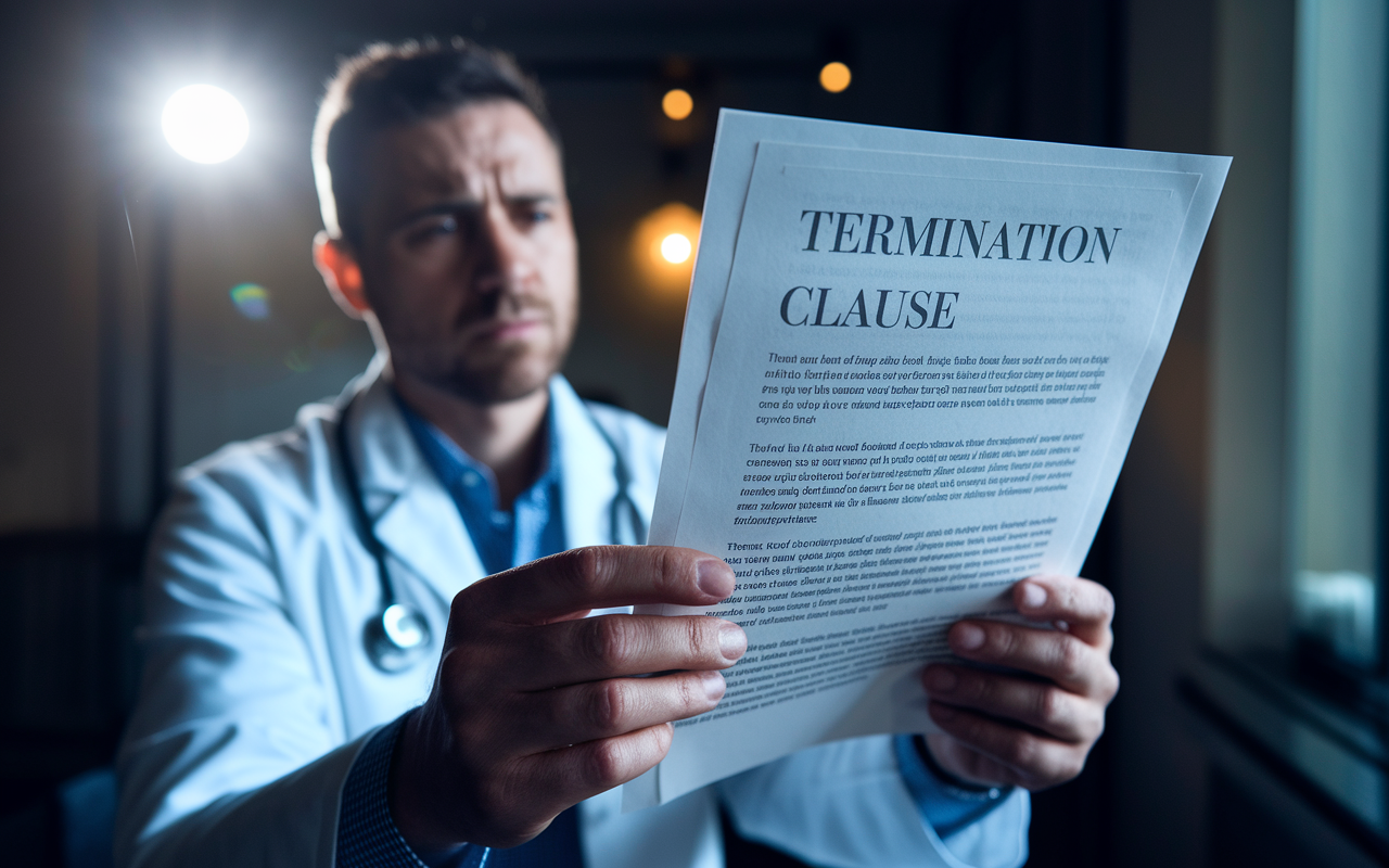 A physician looking concerned while reading a termination clause on a contract. The setting is an intimate office space with a soft overhead light, casting gentle shadows. The clause text is slightly blurred while the physician is in sharp focus, expressing concern, suggesting the importance of understanding these critical components. The atmosphere conveys tension but also the importance of being prepared for any contract outcome.