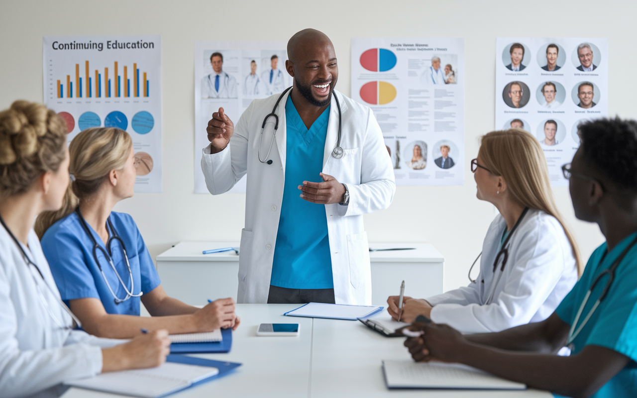 A bright classroom or conference room setting where a physician passionately engages in a professional development seminar, surrounded by medical professionals. Charts and posters related to continuing education adorn the walls, while participants take notes. The atmosphere is energetic and focused, symbolizing the value of ongoing education in medical practice.