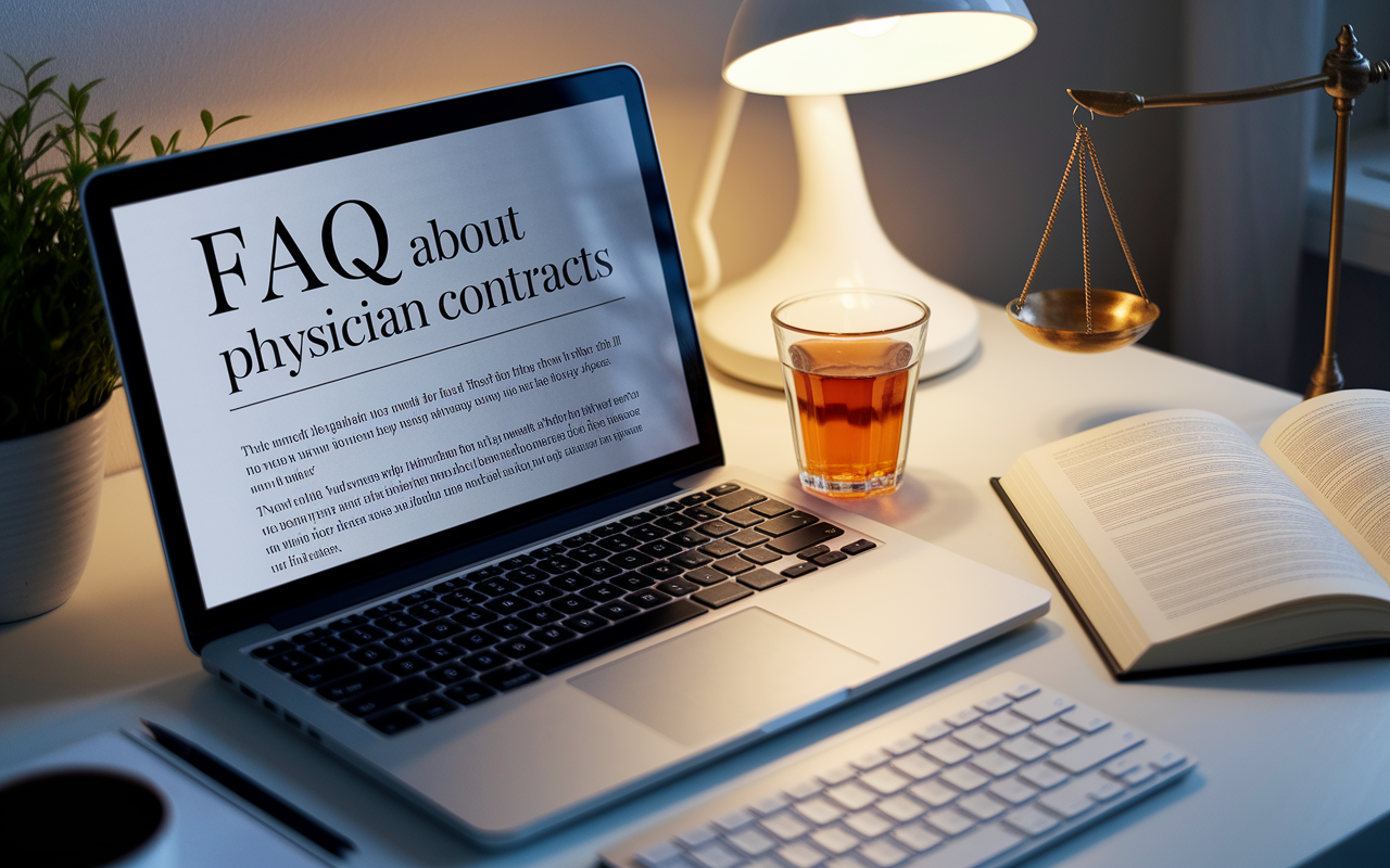 An open FAQ page about physician contracts on a computer screen, surrounded by a clean, organized workspace. A cup of herbal tea sits next to the laptop, and a legal book about healthcare law is slightly open nearby. The room is illuminated by warm light from a lamp, creating a welcoming environment for learning. The image embodies curiosity and the quest for knowledge regarding medical contracts.