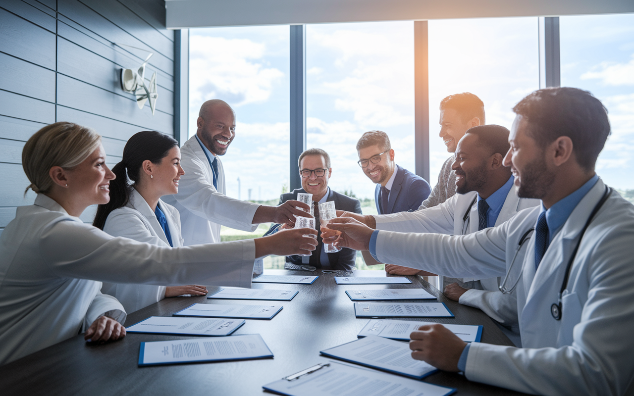 A visionary scene showing a group of diverse physicians celebrating around a conference table covered with successful contract negotiations. They are smiling and raising glasses in a toast, underscoring camaraderie and teamwork in the medical field. The room boasts contemporary décor with large windows letting in bright light, symbolizing hope and success in their careers.