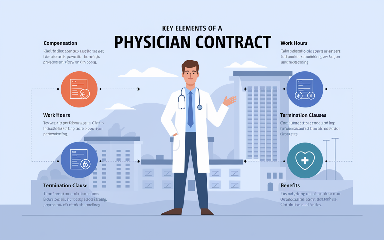 A dynamic infographic showcasing key elements of a physician contract including icons for compensation, work hours, termination clauses, and benefits. The background features a subtle depiction of a hospital with soft, professional colors, creating an informative and engaging visual representation of vital contract components. Clean layout, clear icons, and creative use of space enhance understanding.