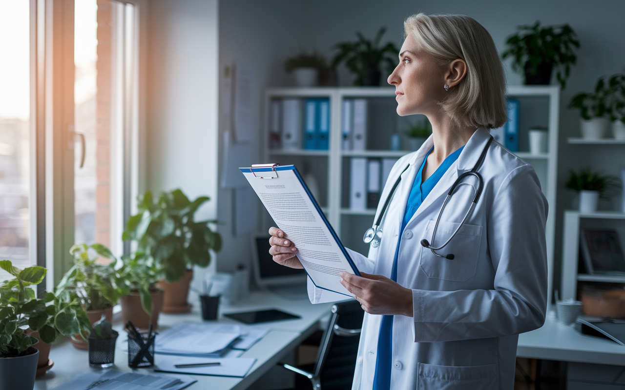 A contemplative physician standing in an office space, looking out a window with a thoughtful expression, holding a clipboard with their contract. The room is filled with medical paraphernalia and plants, creating a warm and inviting ambiance. Soft natural light filters through the window, casting a serene glow that emphasizes the weight of the decision being made, showcasing the emotional gravity of contract negotiations.