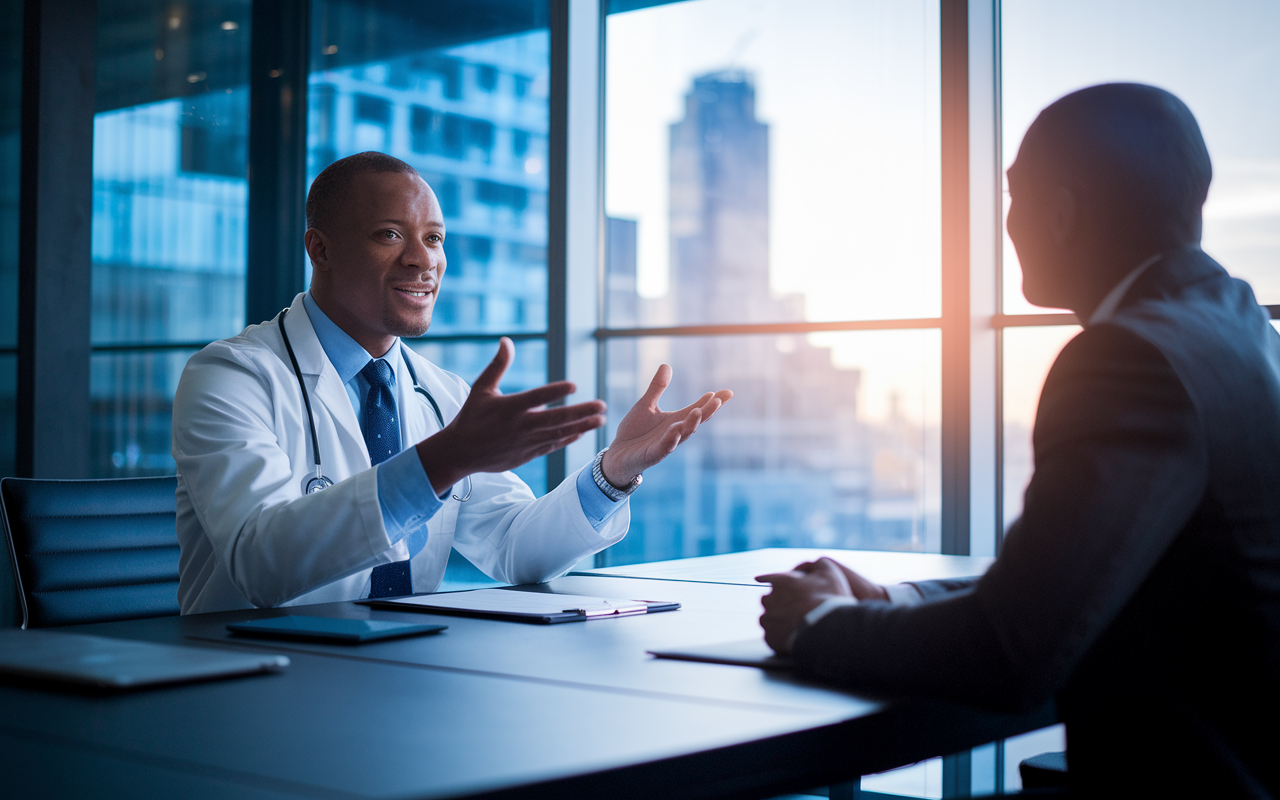 A confident physician engaged in a professional negotiation at a sleek conference table, discussing their employment contract with an employer. The setting features modern décor, a large window overlooking a cityscape, and an atmosphere of determination and professionalism. The physician gestures emphatically, expressing clarity and assurance in their stance, while the employer listens attentively. Dynamic lighting adds to the energetic vibe of the interaction.