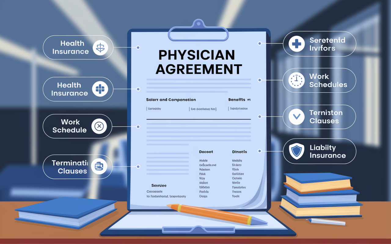 A digital illustration of a detailed physician agreement document, showcasing various key components like salary and compensation, benefits, work schedule, and termination clauses. Each section is clearly labeled and highlighted, with icons representing health insurance, clocks for work schedules, and a shield for liability insurance. The background features a blurred, professional office environment to convey seriousness and focus on the contract details.