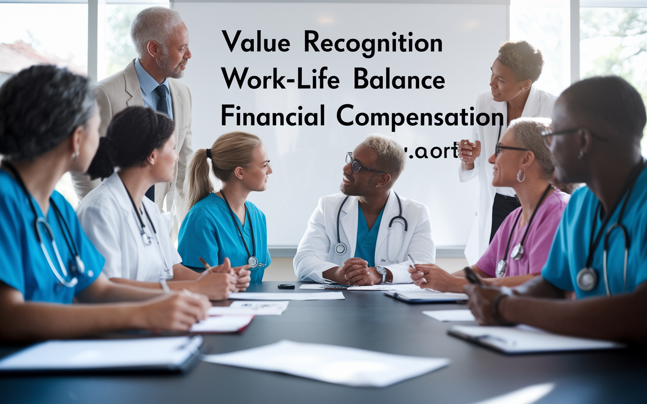 A dynamic scene of a diverse group of healthcare professionals in a meeting room engaged in a brainstorming session about contract negotiations. A whiteboard displays keywords like 'Value Recognition', 'Work-life Balance', and 'Financial Compensation'. The room is vibrant, with natural light pouring in, and expressions of determination and enthusiasm on the faces of the participants, underscoring the importance of collaboration and teamwork.