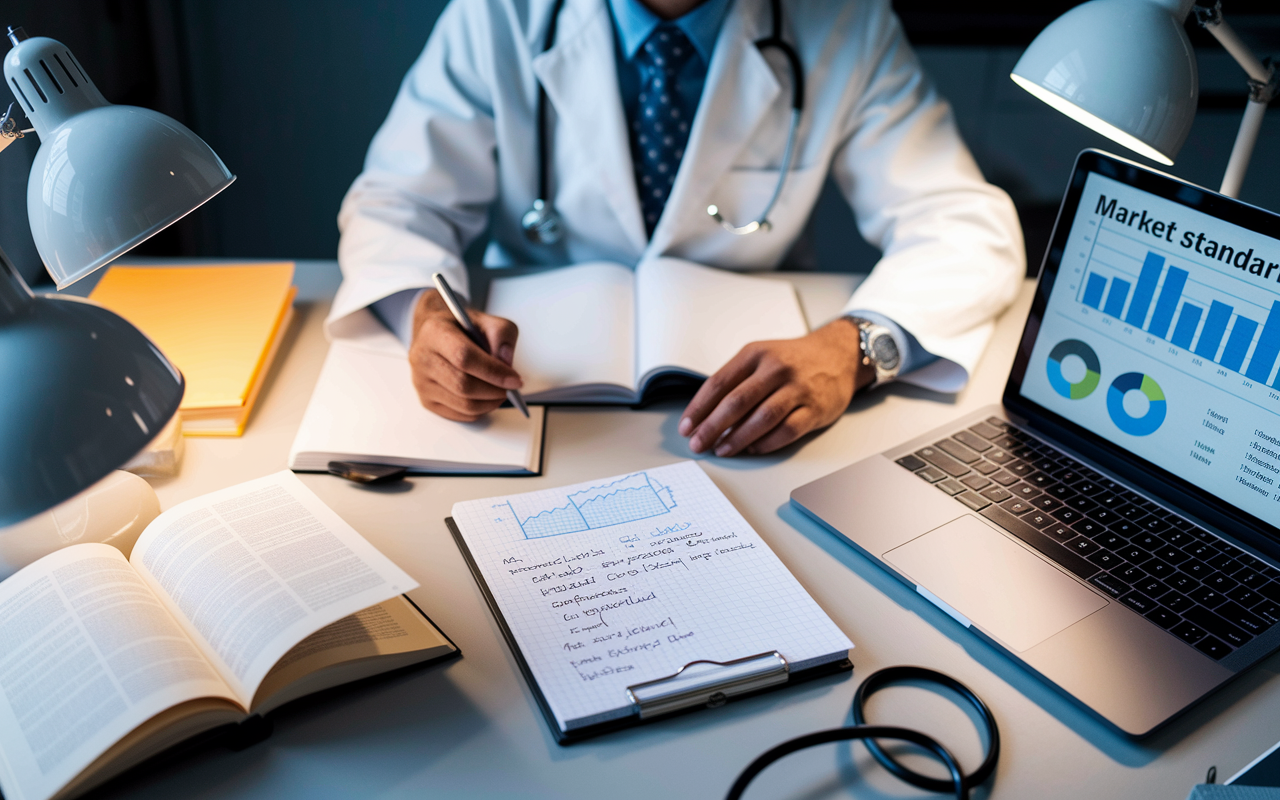 An attentive physician at a desk, surrounded by open books and a laptop displaying graphs and statistics on a monitor. A notepad is filled with notes on market standards for salaries and benefits, emphasizing preparation for negotiations. The atmosphere is focused and studious, highlighted by soft desk lamps and a warm, inviting ambiance suggesting thorough research and commitment.