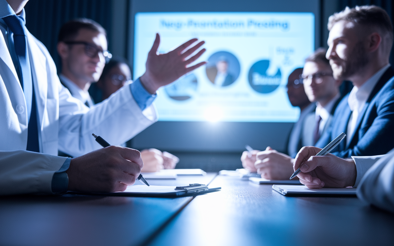 A close-up scene of a confident physician presenting during a negotiation meeting, gesturing towards a well-prepared presentation slide on a projector. The setting is professional, with attentive employers in the background taking notes; expressions reveal curiosity and respect. The lighting casts a bright spotlight on the physician, emphasizing determination and professionalism against a backdrop of muted colors.