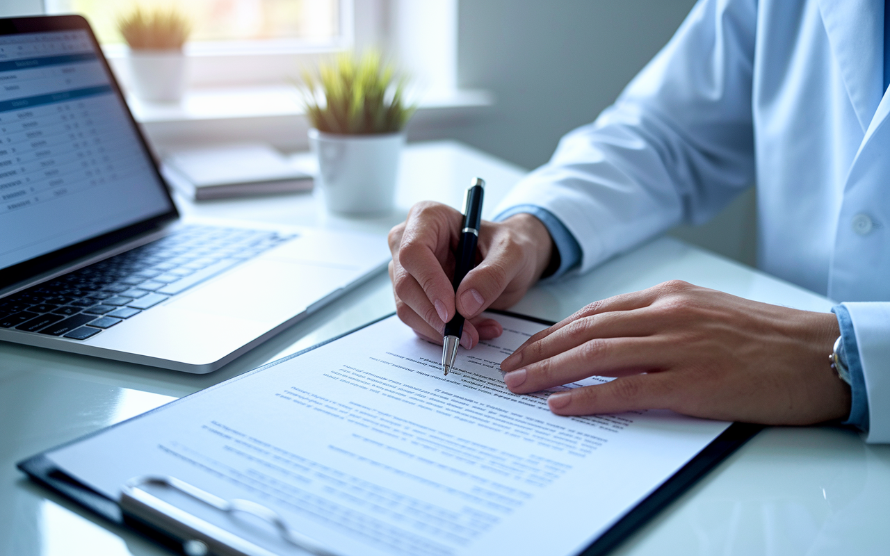 A focused physician signing a contract at a desk, with a pen poised over a printed document highlighting key terms and benefits discussed during negotiations. A laptop is open nearby showing a checklist of confirmed changes. The environment is clean and organized, with a sense of accomplishment and clarity, showcasing the importance of documenting agreements in professional dealings.