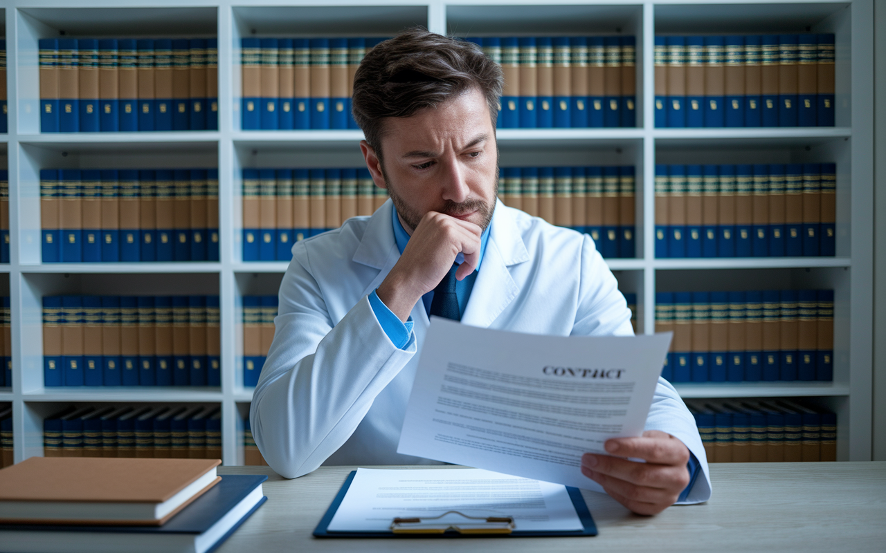 A thoughtful physician reviewing a complex contract in a quiet office setting, looking pensive and concerned. Highlighted areas on the contract illustrate common pitfalls (like non-compete clauses and liability terms). The surroundings are scholarly and supportive, with a bookshelf filled with medical legal texts in the background, representing thorough examination of the contract.