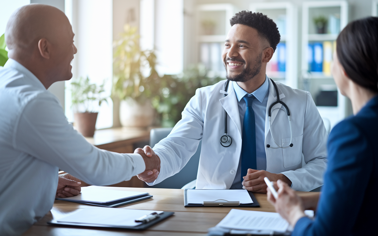 A triumphant physician shaking hands with an employer after a successful negotiation agreement. The scene is set in a bright, welcoming office with both individuals smiling, surrounded by paperwork and a thriving working environment. The atmosphere is celebratory, conveying a sense of achievement and positive outcomes in contract negotiations.