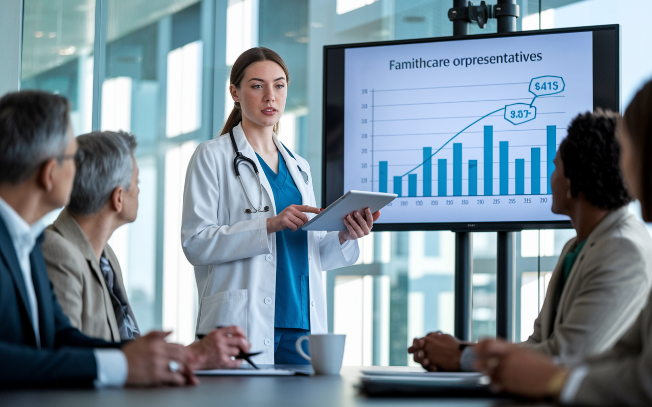 A focused young female physician, Dr. Sarah Thompson, standing in front of a presentation screen in a stylish conference room. She is holding a digital tablet and pointing to a graph illustrating salary data for family physicians. The audience, made up of healthcare organization representatives, is attentively listening. The room is bright with natural light, and there is a sense of empowerment as Dr. Thompson confidently advocates for her worth in contract negotiations.