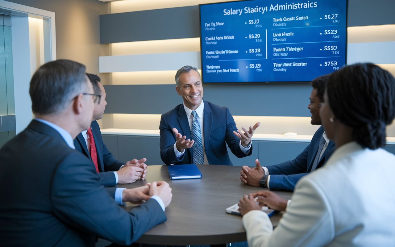 An assertive male orthopedic surgeon, Dr. Mark Patel, seated at a round table, discussing with a group of hospital administrators. The room features contemporary decor with a large wall-mounted screen displaying salary statistics. Dressed in a business suit, Dr. Patel is gesturing enthusiastically as he shares insights. The atmosphere is professional yet friendly, emphasizing the dynamics of negotiation and collaboration in a healthcare setting.