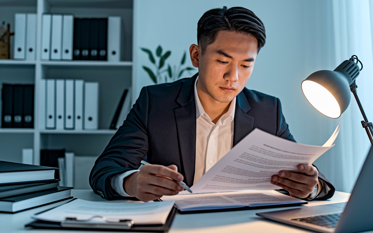 A young male urologist, Dr. Alex Kim, sitting at a desk in a modern office, deeply focused on reviewing a thick contract document. The office is well-organized, with medical books and a laptop open, showing legal insights. A mini light is positioned perfectly to cast a warm glow on his data-driven notes. His intense expression conveys determination and the importance of understanding finer details in contract terms.