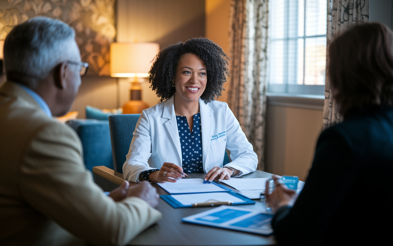 A compassionate female pediatrician, Dr. Rachel Brooks, sitting across from healthcare executives in a well-lit, cozy meeting room. She is smiling and actively listening as she discusses her vision for patient care and values. Papers and medical brochures are on the table, highlighting her commitment to her role. The warm lighting and soft decor create a welcoming environment, showcasing the significance of building relationships in professional negotiations.