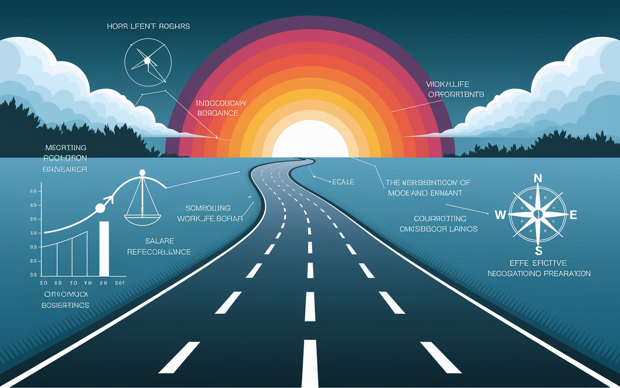 A symbolic representation of a physician's contract negotiation journey, depicting a winding road leading to a bright horizon. Along the path, visual elements include important factors such as salary graphs, a scale representing work-life balance, and a compass representing guidance and preparation. The sky is a vibrant mix of colors symbolizing hope and opportunity, creating an uplifting mood as the viewer reflects on the importance of effective negotiations in a medical career.