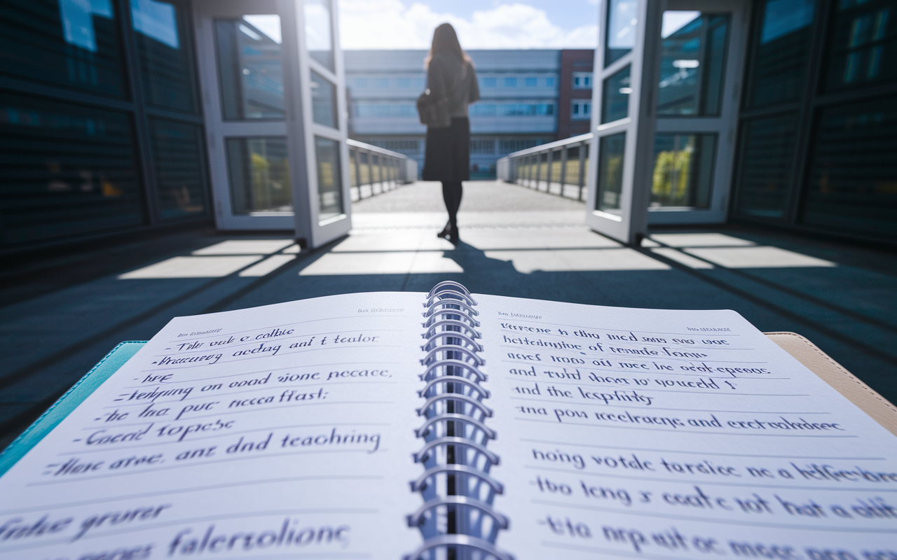 A reflective scene of a teacher standing outside a hospital, gazing contemplatively towards the entrance, symbolizing their internal conflict and desire for change. Bright sunlight casts shadows, emphasizing the decision ahead. In the foreground, an open notebook is visible, filled with notes on both teaching and medical topics, conveying the merging of two careers and a pursuit of fulfillment.