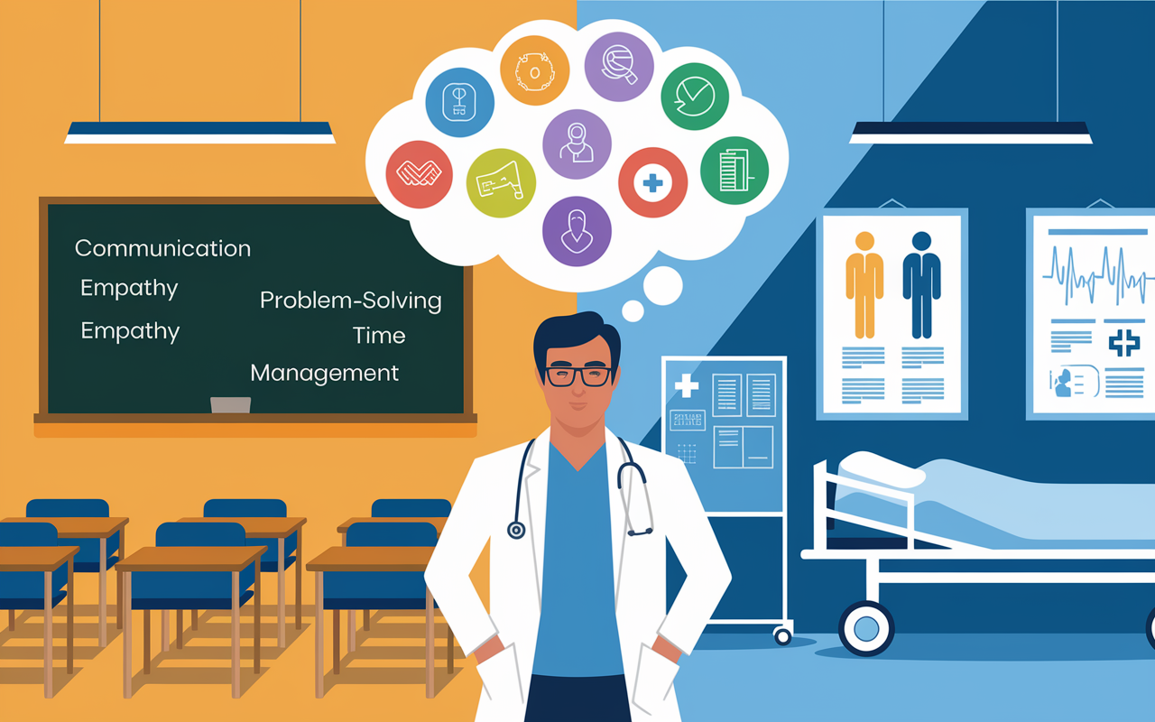 An illustration of a teacher transitioning into a doctor, depicted with a thought bubble filled with icons representing communication, empathy, problem-solving, and time management. The background showcases a classroom merging into a hospital environment, blending chalkboards with medical charts. The viewer senses the journey of skill application between these two realms with a sense of harmony and wisdom.