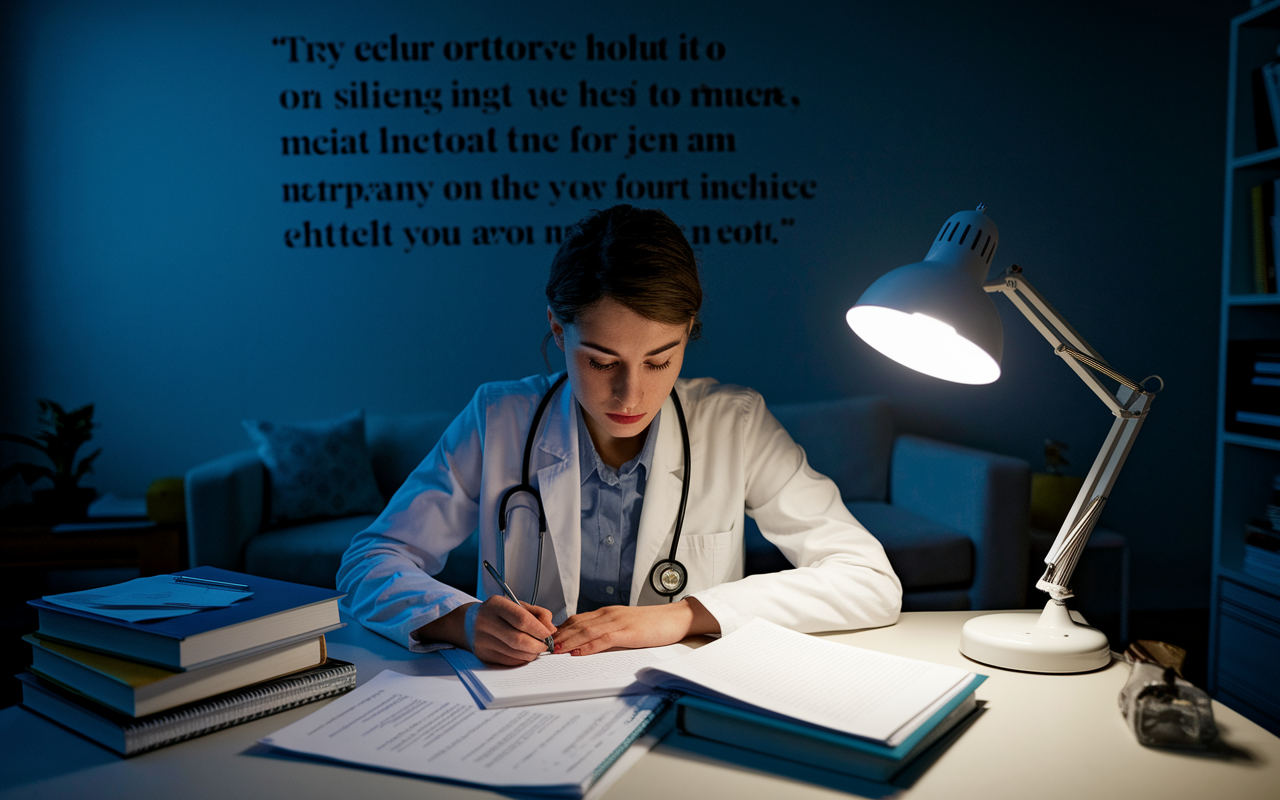 A focused scene of a prospective medical student sitting at a desk late at night surrounded by textbooks, notes, and MCAT test prep materials. The room is dimly lit with a desk lamp casting a warm glow, highlighting their determined facial expression as they write their personal statement. An inspiring quote on the wall about resilience and purpose is visible, reflecting their motivation.