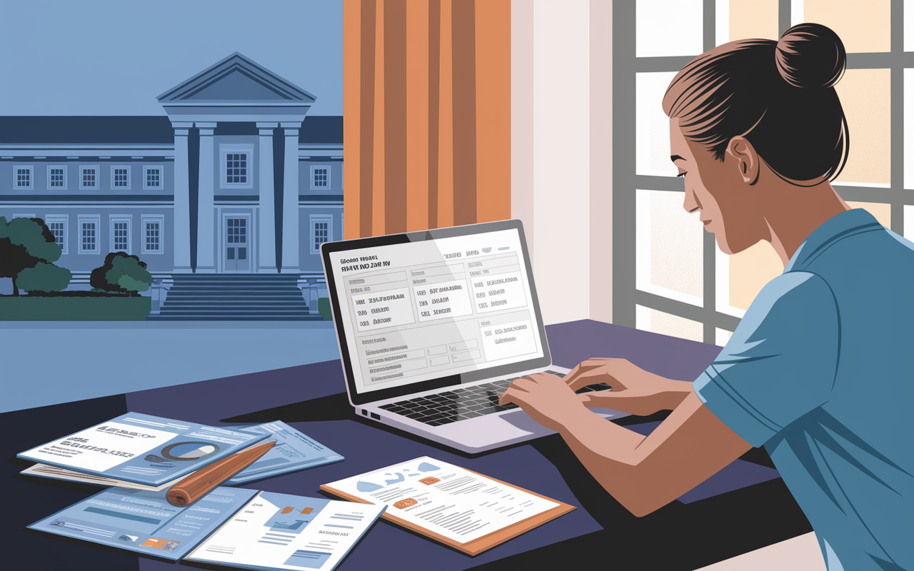 A thought-provoking illustration of a teacher reviewing a detailed budget plan on a laptop, with college brochures and loan documents spread out on the table. The background shows a contrasting scene of a medical school, symbolizing the financial planning involved in the transition. Soft lighting from a nearby window creates an atmosphere of focused determination.