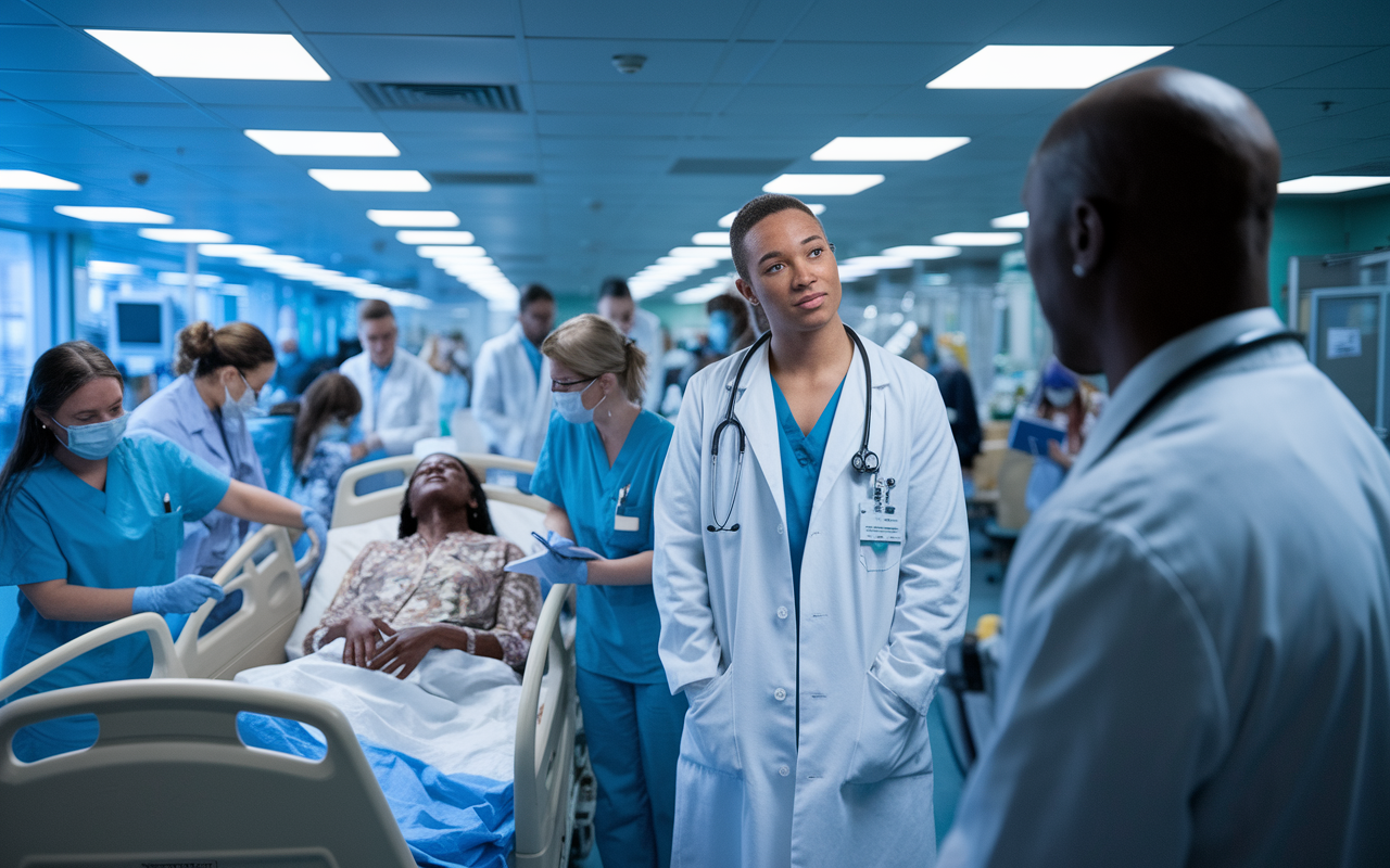 A scene showing a teacher shadowing a doctor in a busy hospital. The atmosphere is vibrant, filled with healthcare professionals attending to patients. The prospective medical student observes attentively, taking notes, with a look of inspiration and aspiration in their eyes. The lighting is bright and clinical, symbolizing the real-world dynamics of the medical environment.