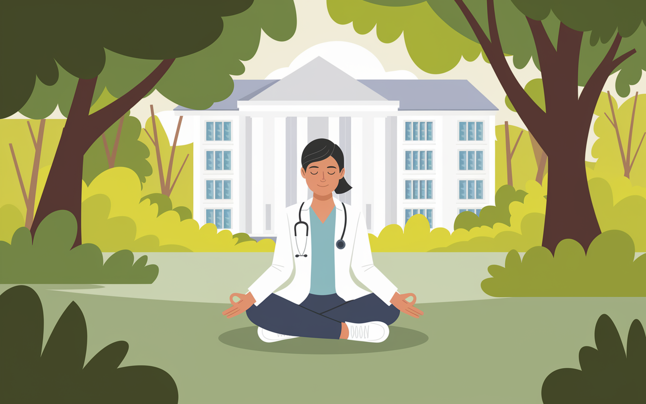 An illustration of a medical student meditating in a serene park, contrasting with a backdrop of an intense study environment. The juxtaposition showcases the importance of self-care amidst a demanding academic life. Soft sunlight filters through the trees, creating a peaceful atmosphere, symbolizing balance and well-being.