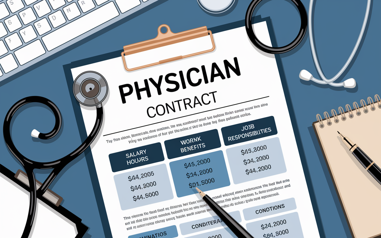 An illustrative breakdown of a physician contract, displaying various sections like salary, benefits, and job responsibilities. The contract is laid out on a desk, with highlighted sections showing salary figures, work hours, and conditions for termination. A stethoscope, legal pad, and pen are strategically placed around the contract, symbolizing medical profession and legal considerations. The background features a blurred hospital environment, conveying the context of a healthcare negotiation.
