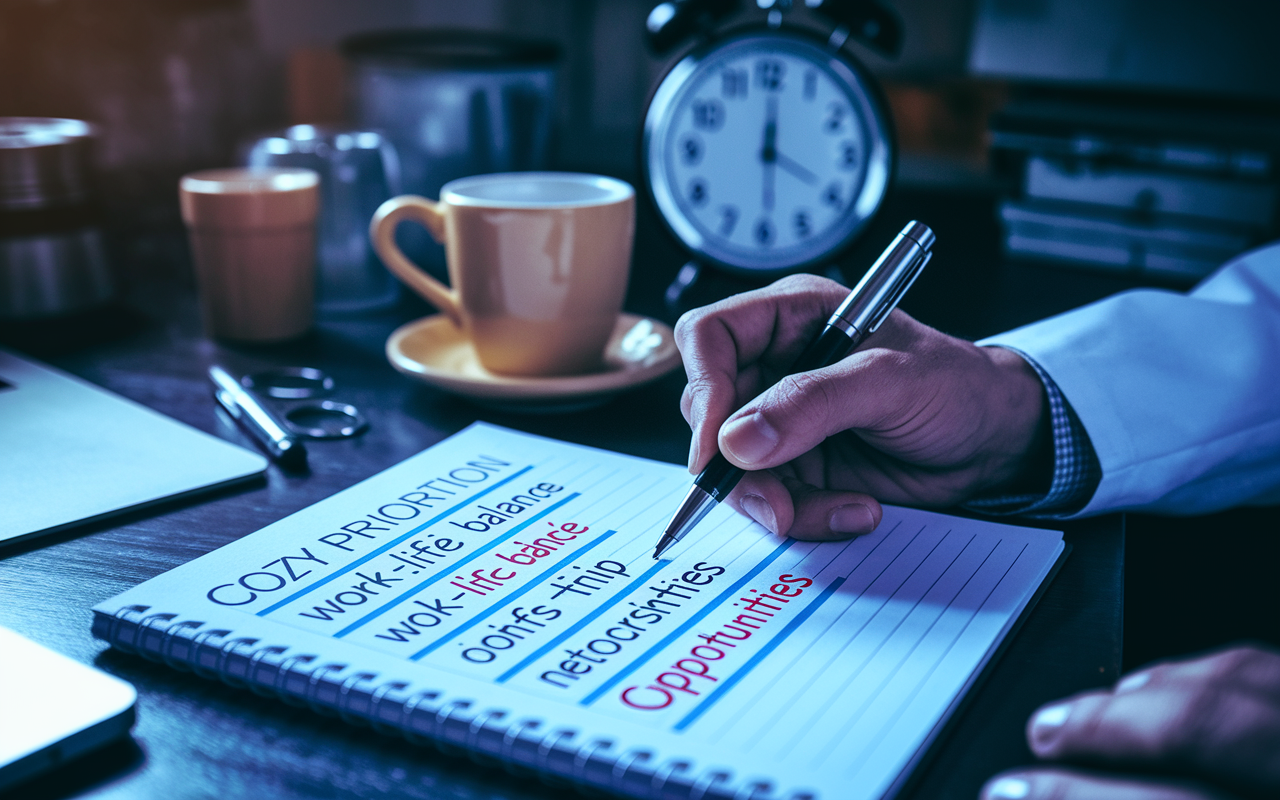 A close-up of a physician’s hand writing on a notepad, outlining key priorities for contract negotiations. The setting is a cozy study, with a coffee mug and a clock on the table, suggesting thoughtful planning. Key phrases like 'Salary', 'Work-life Balance', and 'Mentorship Opportunities' are highlighted, showing thoughtful consideration. The dim lighting creates a warm atmosphere of introspection and determination.