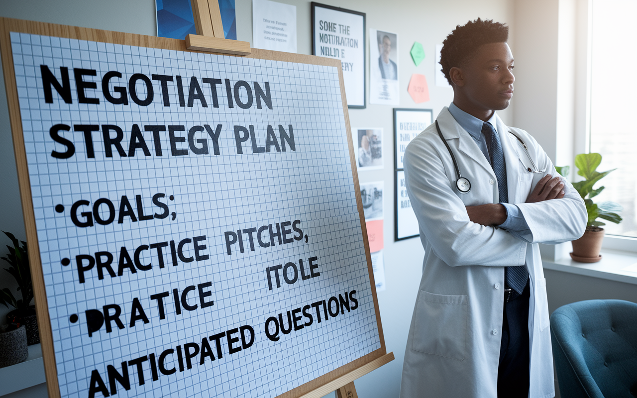 An organized workspace featuring a physician's negotiation strategy plan on a board, with bullet points outlining goals, practice pitches, and anticipated questions. The scene conveys a sense of order and readiness, with motivational quotes and a vision board in the background. Bright, clear lighting symbolizes clarity of thought and preparation. The physician, a young man, stands confidently next to the board, ready to face the negotiation challenge.