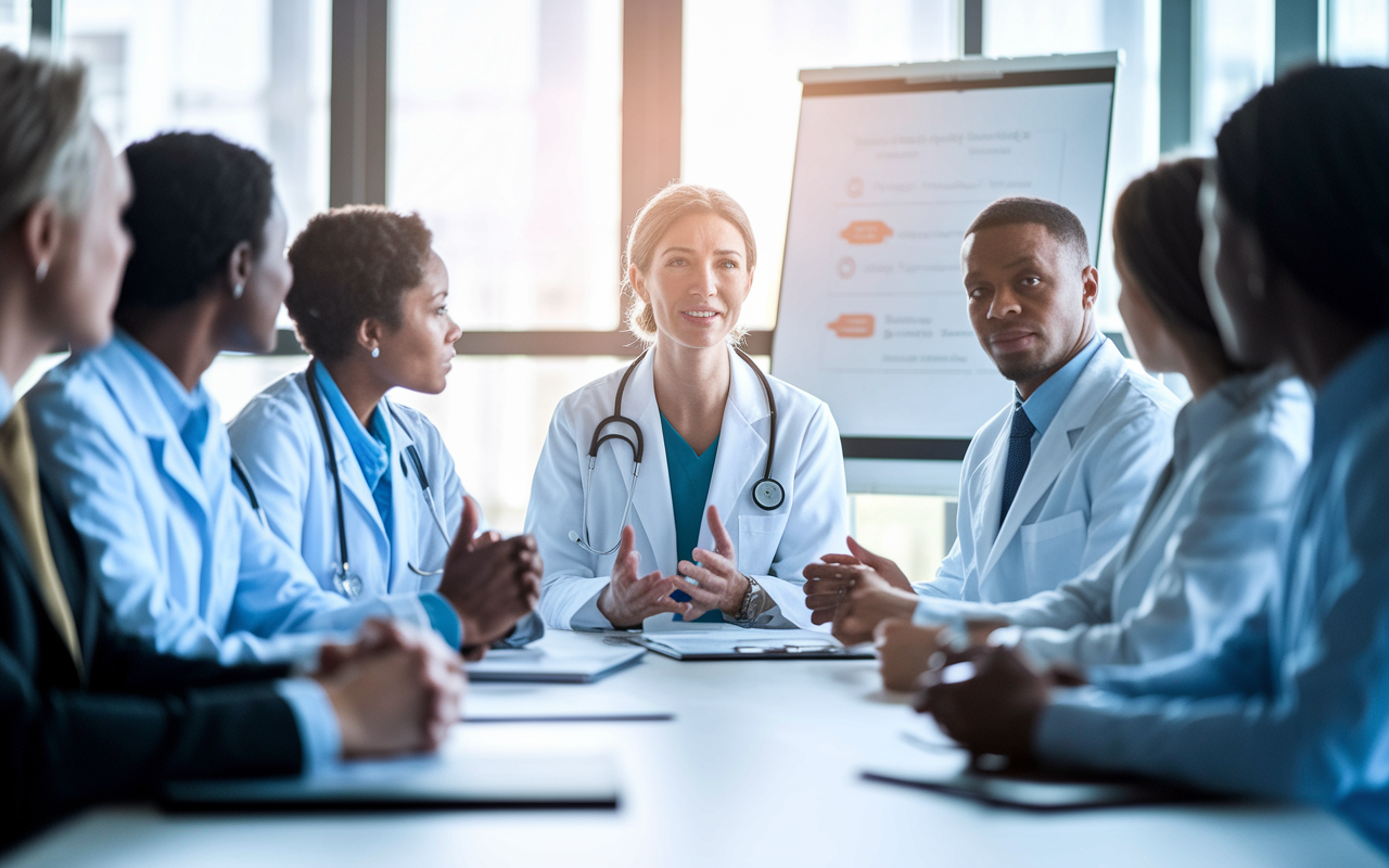 A dynamic negotiation scene in a bright conference room, featuring a diverse group of healthcare professionals discussing terms. The physician, a middle-aged woman, presents her points confidently, with a PowerPoint presentation in the background. The atmosphere is collaborative yet tense, reflecting the importance of the negotiation. Natural light streams through large windows, symbolizing transparency and openness in discussions. The expressions of the attendees show engagement and determination.