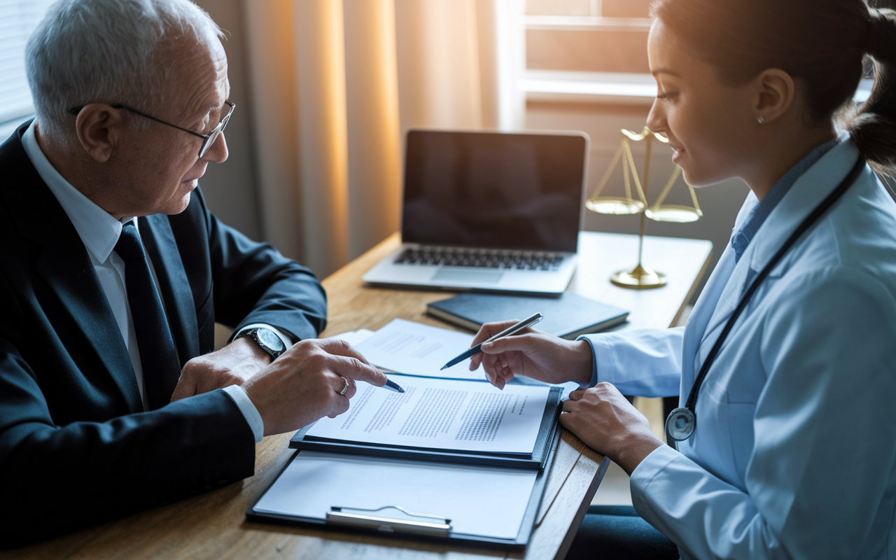 A professional setting where a physician meets with a legal advisor, reviewing the details of a contract. The attorney, an elderly man with glasses, points to specific clauses in the contract while the physician, a young woman, looks engaged and attentive. A table filled with legal documents and a laptop in the background emphasizes the seriousness of the review. Warm lighting creates a sense of trust and professionalism in this critical moment.