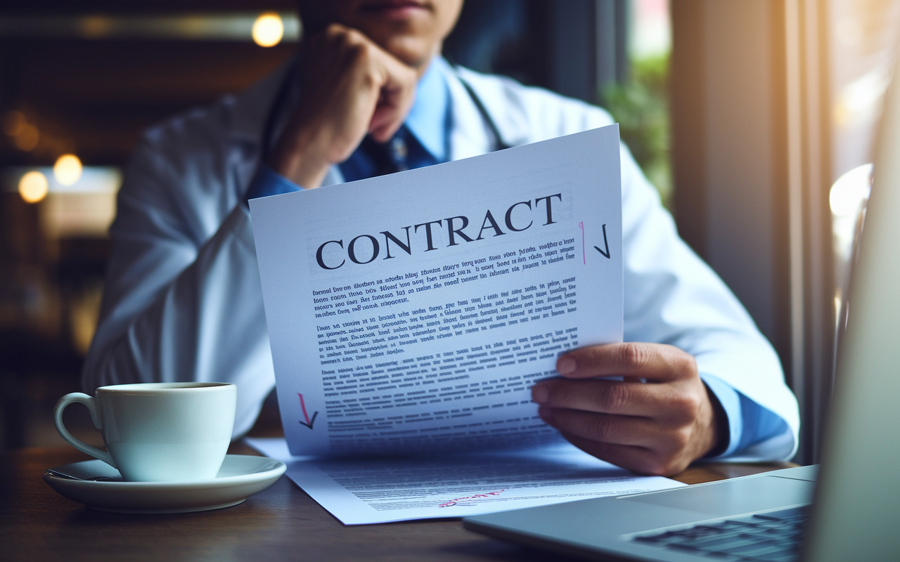A close-up of a physician's thoughtful expression as they review the final draft of a contract, sitting at a cafe with a cup of coffee. The contract is open, with highlighted points and notes scribbled in the margins, indicating careful analysis. Soft afternoon light creates a cozy atmosphere, symbolizing deliberation and careful consideration before making an important decision. A laptop is visible, displaying additional resources for review and consultation.