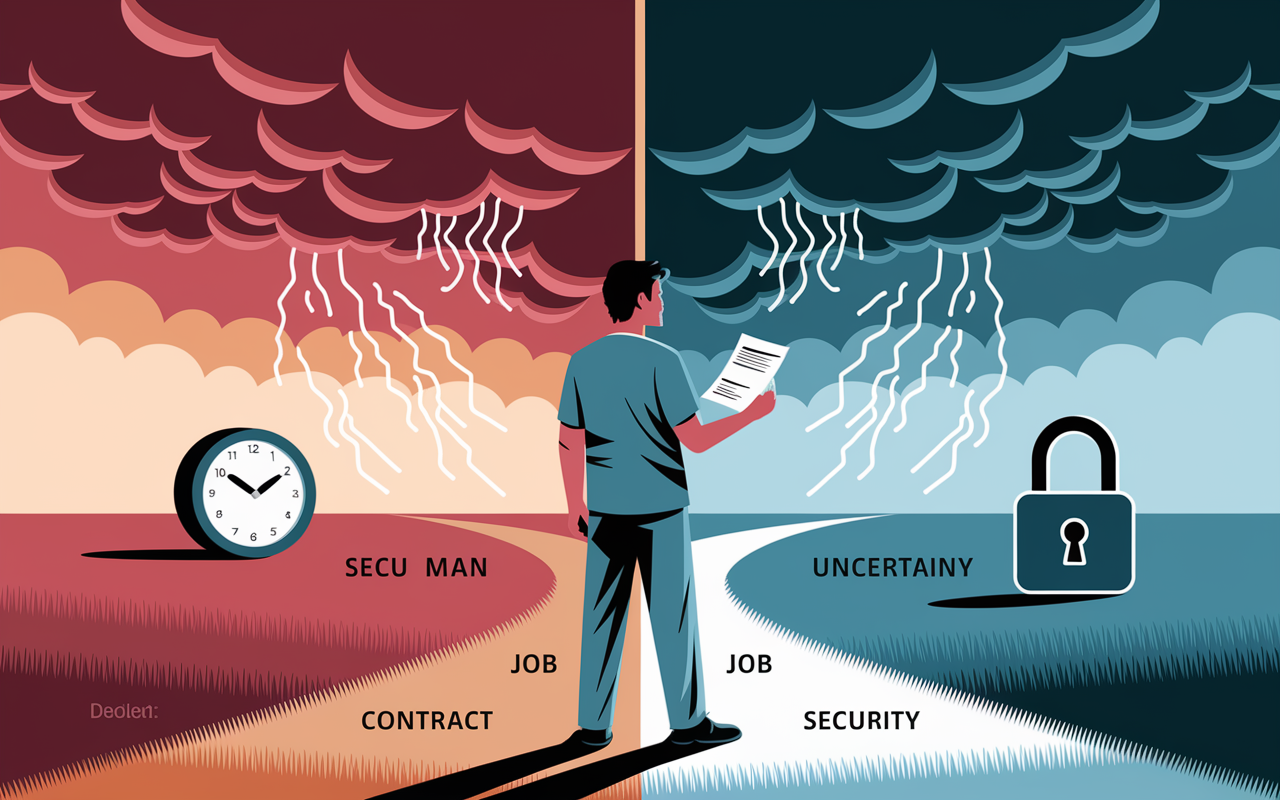 An illustration showing a physician standing at a crossroads, one path leading to a secure job and the other to uncertainty, symbolized by stormy clouds. The physician is depicted in scrubs, looking thoughtfully at a contract in hand. Elements like a clock to indicate time sensitivity and a lock symbolizing job security surround the scene. The color palette is mixed, with warm colors on the secure side and cool colors on the uncertain side to emphasize the contrasting feelings. Digital painting style.