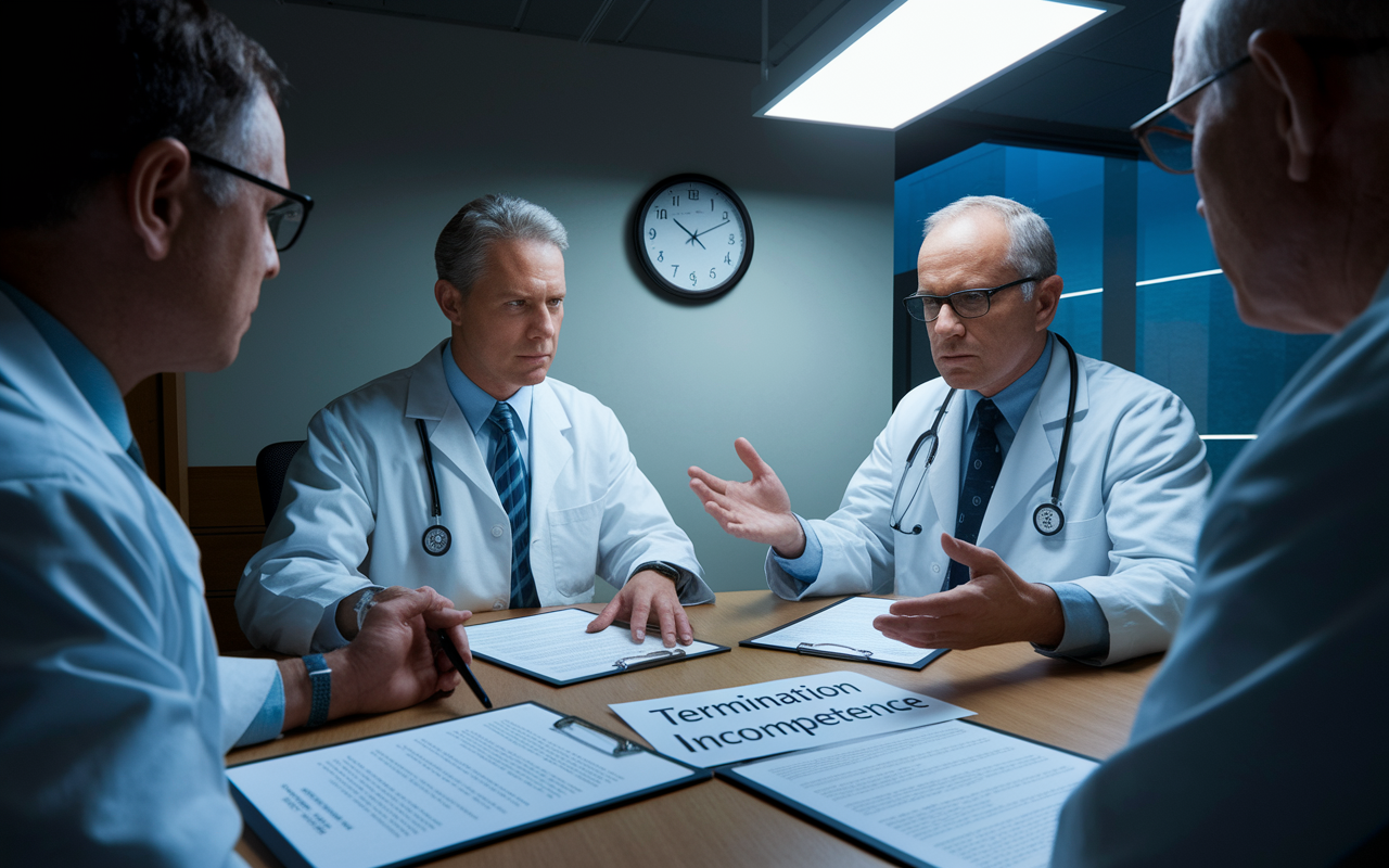 A visual representation of a doctor's office where a meeting is taking place between a physician and a hospital administrator, visibly discussing a termination for cause scenario. The atmosphere is tense, with documents on the table showing phrases like 'misconduct' and 'incompetence'. A wall clock suggests the urgency in the discussion, and expressions of concern are evident on the physician's face. The setting is realistic with subtle shadows and bright overhead lighting, emphasizing the gravity of the situation.