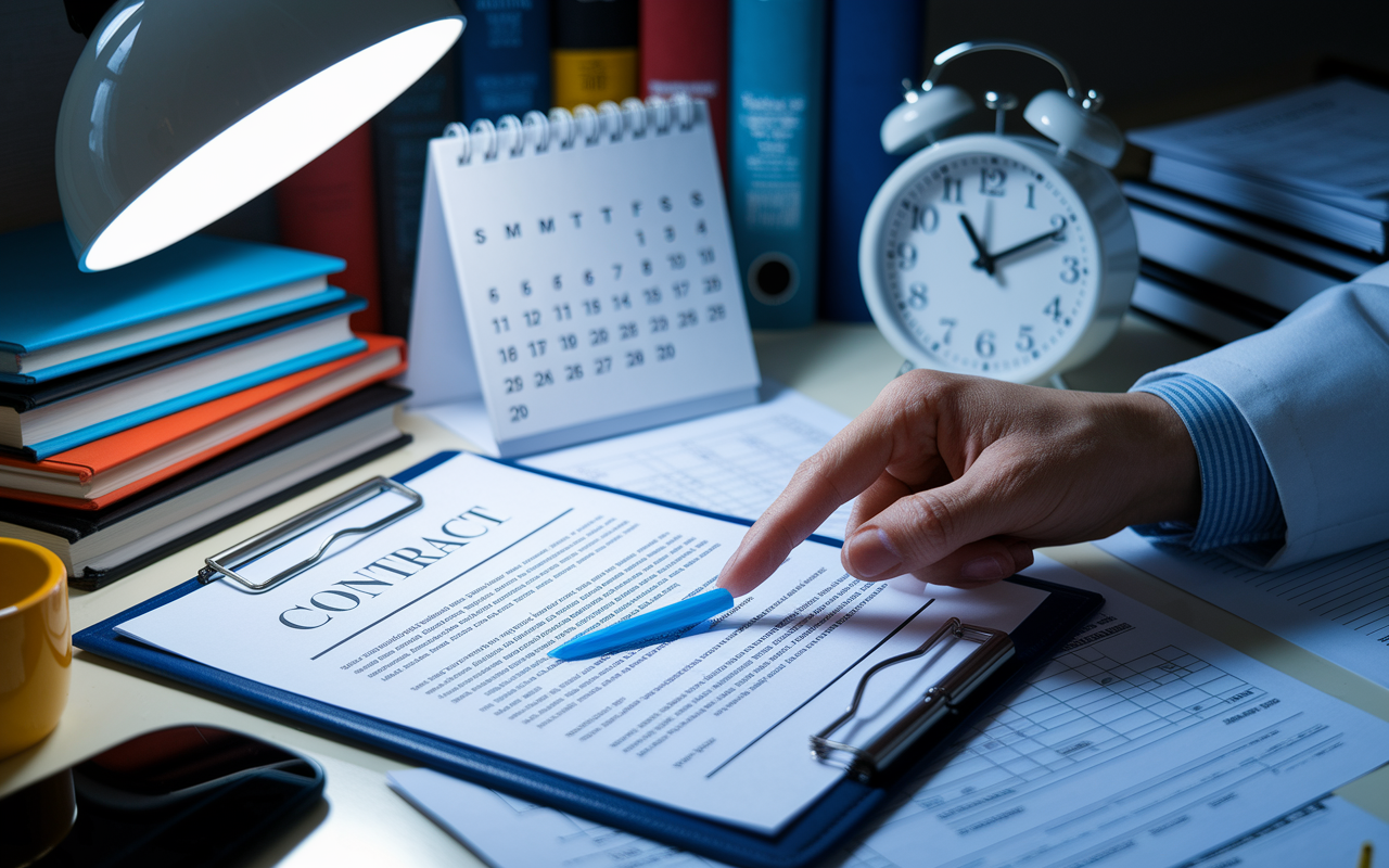 A close-up shot of a physician's hand pointing at a contract highlighting the notice period section, with a calendar and clock beside them displaying urgency. The office is filled with medical books and forms, conveying a sense of diligence and attention to detail. A bright desk lamp casts vivid light on the document while soft shadows create a contrast. Realistic office setting with a focus on clarity and importance.