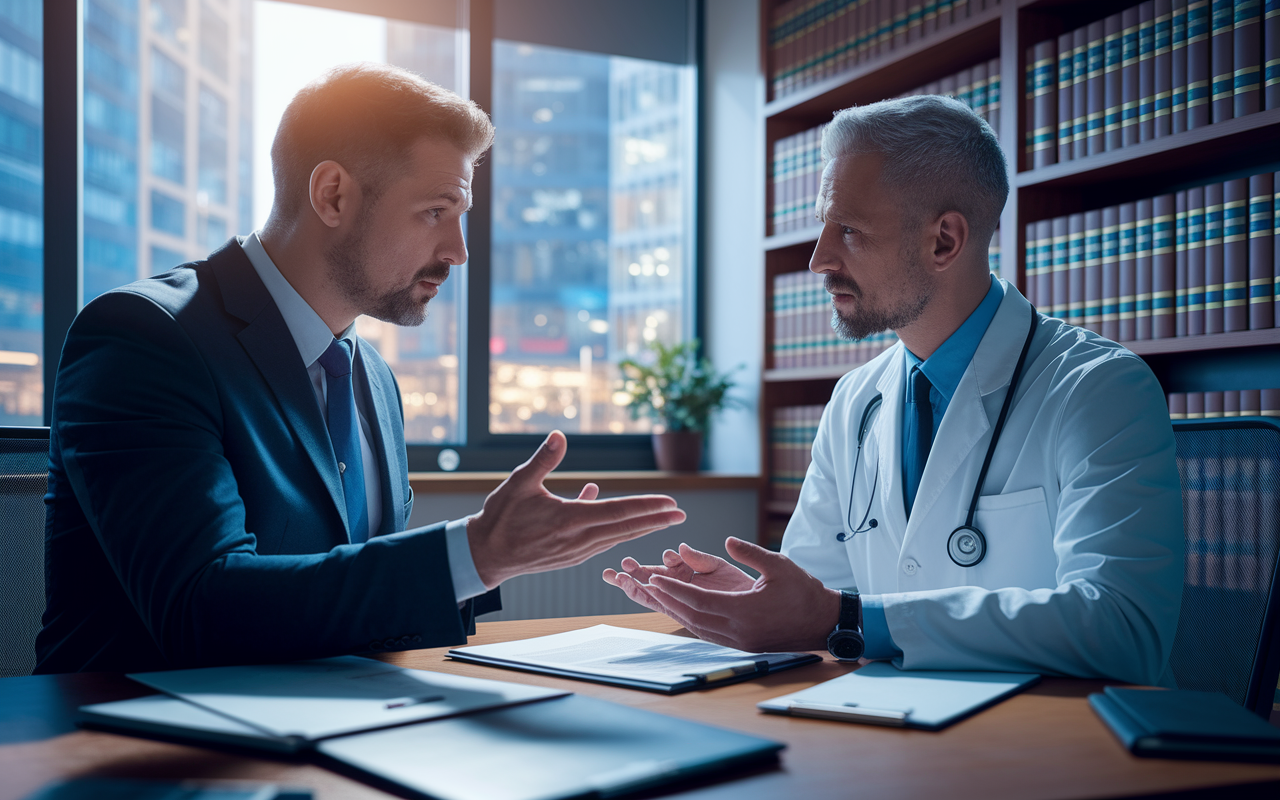 A dynamic scene of a physician in an office discussing contract negotiation with a mentor or legal advisor, both engaged in a serious conversation. The advisor is gesturing towards a clause on paper, while the physician looks intently, understanding the nuances. The environment reflects professionalism with bookshelves lined with legal texts and a window showing a bustling cityscape outside. Soft focus lighting creates a serious yet hopeful atmosphere, ideal for negotiation. Photorealistic style.