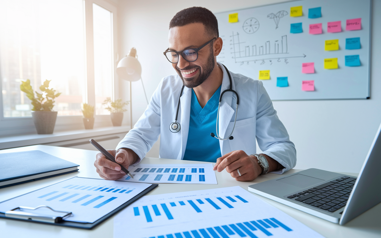 An enthusiastic physician seated at a modern desk, focused on creating a business plan. Papers filled with graphs and a laptop displaying a detailed outline of a business strategy. A whiteboard in the background filled with colorful diagrams and sticky notes, capturing ideas and strategies. Bright, motivating lighting streams through the window, fostering creativity and determination.