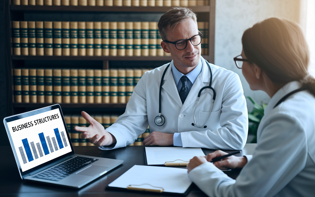 A medical professional discussing legal structures with a healthcare lawyer in an office adorned with legal books and certificates. A laptop lies open, displaying a comparison chart of business structures. Soft, ambient lighting creates a professional yet relaxed atmosphere, essential for productive conversations.