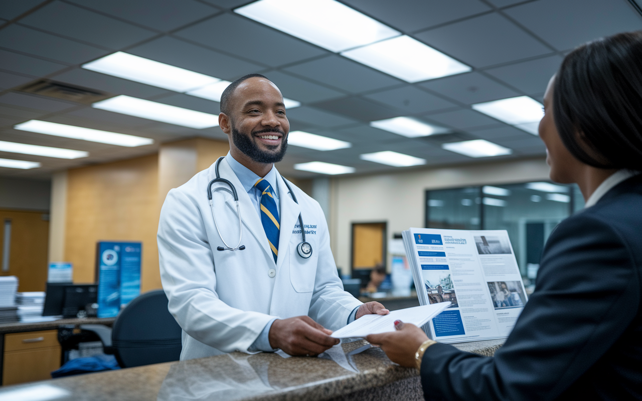 A dedicated physician standing at a reception desk, handing over applications for medical licenses to a government official. The setting is a busy health department office with informational brochures displayed. Bright overhead lights enhance the seriousness of the task, while the physician looks confident and prepared.