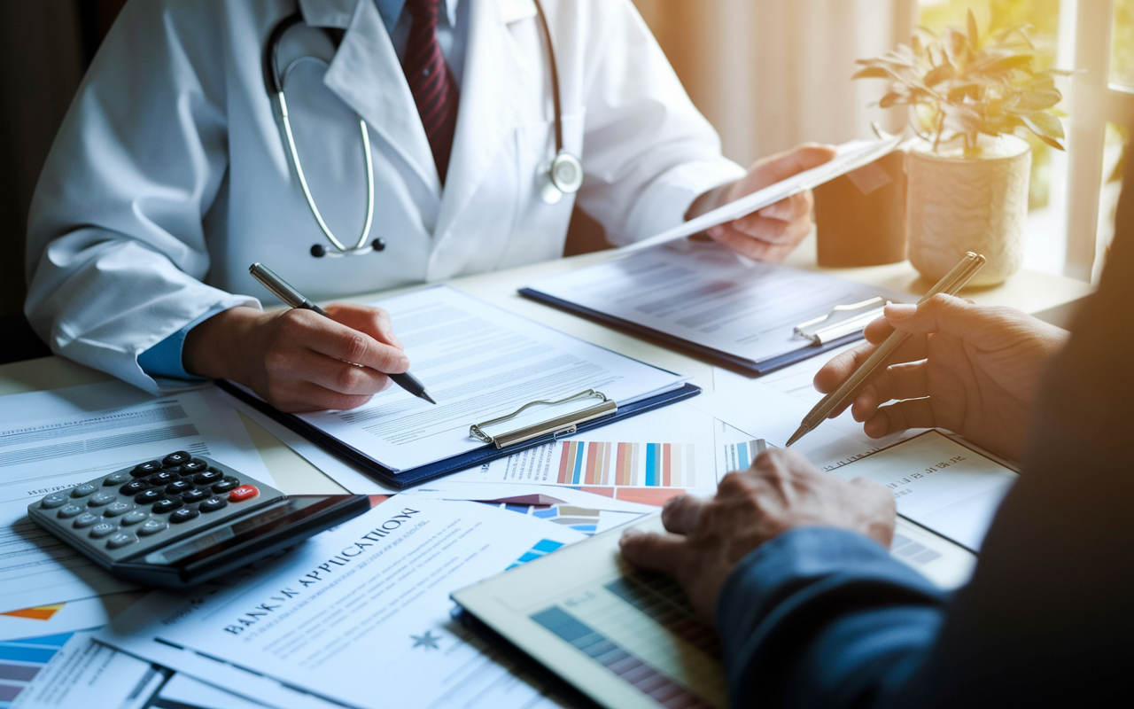 A physician reviewing financial documents and funding options at a table cluttered with bank loan applications and grant information. A calculator is nearby, and a financial advisor offers guidance. Soft, warm lighting creates an encouraging atmosphere for important financial decisions.